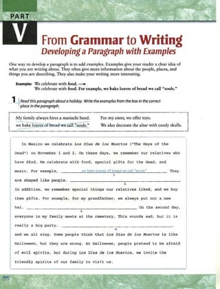From Grammar to Writing
DevelopingaParagraph with Examples
One way to develop a paragraph is to add examples. Examples give your reader a clear idea of
what you are writing about. They often give more information about the people, places, and
things you are describing. They also make your writing more interesting.
Example: We celebrate with food. ---+
We celebrate with food. For example, we· hake loaves of bread we call "souls."
_l_fRead thisparagraph about aholiday. Write the examples from the box in the correct
place in theparagraph.
For my sister, we offer toys.
My family always hires a mariachi band.
:e bake loavcs_of:..bl'eacFwe-c3lf''souls~ We also decorate the altar with candy skulls.
In Mexico we celebrate Los Dias de los Muertos ("The Days of the
Dead") on November 1 and 2 . On these days,. we remember our relatives who
have died. We celebrate with food, specia1 gifts for the dead, and
music. For example, we bake /oave5 of bread we call ··5ou/5." They
1.
are shaped like people.
2.
In addition, we remember special things our relatives liked, and we buy
them gifts. For example, for my grandfather, we always put out a new
hat.
3.
everyone in my family meets at the cemetery. This sounds sad, but i t is
really a big part y.
4 .
and we all s i ng. Some people think that Los Dias de los Muertos is like
Halloween, but they are wrong. At Halloween, people pretend to be afraid
of evil spirits, but during Los Dias de los Muertos, we i nvite the
fr i endl y spirits of our family to visit us.
I
~.............---.............................................,
.....
.
 
