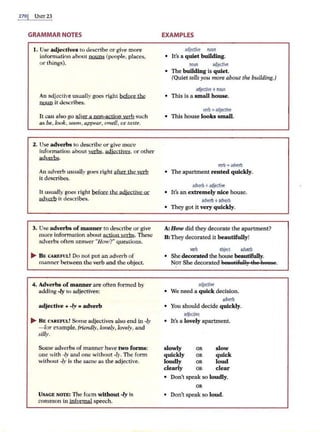 2701 Ur-.iT 23
GRAMMAR NOTES
I. Use adjectives to desc1;be or give more
information about ~ (people, places,
or things).
An adjective usually goes right before the
nmm it describes.
It can also go after a non-actjon verb such
as be, look, seem, appear, smell, or tasre.
2. Use adverbs to describe or give mo:;:·e
information about~. adjectjyes, or other
adverbs.
An adverb usually goes right after the verb
it describes.
lt usually goes right before the adlectiye or
adverb it describes.
3. Use adverbs of manner to clesc1ibe or give
more information about action verbs. These
adverbs often answer "How?" questions.
... B E CAREFUL! Do not put an adverb of
manner between the verb and the object.
4. Adverbs of manner are often formed by
addi1'g -ly to adjectives:
adjective + -ly =adverb
... BE CAREFUL! Some adjectives also end in -ly
- for example, friendly, lonely, lovely, and
sil(y.
Some adverbs of manner have two forms:
one with -ly and one without -ly. The form
without -ly is rhe same as the adjective.
U SAGE NOTE: The form without -ly is
common in informal speech.
EXAMPLES
adjective noun
• It's a quiet building.
noun adjeclive
• The building is quiet.
(Quiet tells you more about the building.)
adjective +noun
• This is a small house.
verb +adjective
• This house looks small.
verb +adverb
• The apartment rented quickly.
adverb +adjective
• It's an extremely nice house.
adverb +adverb
• They got it very quickly.
A: How did they decorate the apartment?
B :They decorated it beautifully!
verb objen adverb
• She decorated the house beautifully.
N?T She decorated eeat:ttiRtlly tfle ket:tse.
adjective
• We need a quick decision.
adverb
• You should decide quickly.
adjective
• It's a lovely apartment.
slowly
quickly
loudly
clearly
OR
OR
OR
OR
slow
quick
loud
clear
• Don't speak so loudly.
OR
• Don't speak so loud.
 