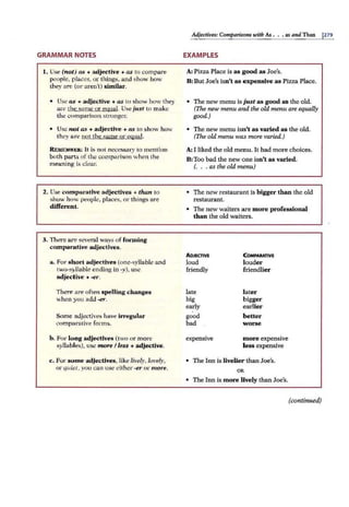 GR.AMMAR NOTES
1. Use (not) as + adjective + as to compare
people, places, or things, and show how
they are (or aren't) similar .
• Use as + adjective + as to show how they
are the same or egual. Use just to make
the comparison stronger.
• Use not as + adjective +as to show how
they are 0 01 the same or equal.
REMEMBER: It is not necessary to mention
both parts of the comparison when the
meaning is clea1:
2. Use comparative adjectives + than to
show how people, places, or things are
different.
3. There are several ways of formh1g
compat·ative adjectives.
a. Forshort adjectives (one-syllable and
two-syllable ending in -y), use
adjective + -er.
There are often spelling changes
when you add -er.
Some adjectives have irregular
comparative forms.
b. For long adjectives (two or more
syllables), use more I less +adjective.
c. For some adjectives, like lively , lovely,
or quiet, you can use either -er or more.
Adjectives: Comparisons with As . .. as and Than j279
EXAMPLES
A: Pizza Place is as good as Joe's.
B: ButJoe's isn't as expensive as Pizza Place.
• The new menu is just as good as the old.
(The new menu and the old menu are equally
good.)
• The new menu isn't as varied as the old.
(The old menu was more varied.)
A: I liked the old menu. It had more choices.
B:Too bad the new one isn't as varied.
(. . . as the old menu)
• The new restaurant is bigger than the old
restaurant.
• The new waiters are more professional
than the old waiters.
ADJECTIVE
loud
friendly
late
big
early
good
bad
expensive
COMPARATIVE
louder
friendlier
later
bigger
earlier
better
worse
more expensive
less expensive
• The Inn is livelier than Joe's.
OR
• The Inn is more lively than Joe's.
(continued)
 