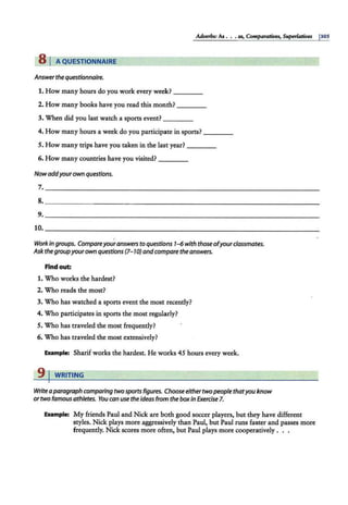 Adverbs: As ••• as, Comparatives, Superlatives 1305
Answerthequestionnaire.
1. How many hours do you work every week? ____
2. How many books have you read this month? ____
3. When did you last watch a sports event? ____
4. How many hours a week do you participate in sports? ____
5. How many trips have you taken in the last year? ____
6. How many countries have you visited? _ ___
Nowaddyour own questions.
7. ________________ _____ __________
8. _______________________ _ _ ___ _ _
9. _______________ _ _________________ _
10. _____ _________________________
Workin groups. Compareyouranswers to questions 1-{iwith those ofyourclassmates.
Askthegroupyourown questions(7-7OJ andcompare the answers.
Find out:
1. Who works the hardest?
2. Who reads the most?
3. Who has watched a sports event the most recently?
4. Who participates in sports the most regularly?
5. Who has traveled the most frequently?
6. Who has traveled the most extensively?
Example: Sharifworks the hardest. He works 45 hours every week.
9 j WRITING
Write aparagraph comparing twosports figures. Choose eithertwopeople thatyou know
or two famous athletes. You can use the ideas from the boxin Exercise 7.
Example: My friends Paul and Nick are both good soccer players, but they have different
styles. Nick plays more aggressively than Paul, but Paul runs faster and passes more
frequently. Nick scores more often, but Paul plays more cooperatively . . .
 
