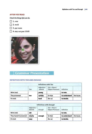 AFTER YOU READ
Check the things Kyle can do.
D 1. vote
D 2. work
D 3. pay taxes
D 4. st.ay out past 10:00
~
mlhar Prese11tation
INFINITIVESWITH TOO AND ENOUGH
Infinitives with Too
Adjective/ (For+ Noun I
Too Adverb Object Pronoun)
IWe're (not) yol.l'lg
They answered too quickly for Kyle
It's (not) hard (for us)
Infinitives with Enough
Adjective I (For+ Noun I
Adverb Enough Object Pronoun)
We're (not) old
They have(n't) answered dffrly enough for Kyle
It's (not) HSy (for us)
Infinitives withToo and Enough 1349
Infinitive
to vote.
to underst.and the issues.
todecide.
Infinitive
to vote.
to underst.and the issues.
to decide.
 