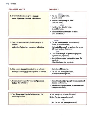 3501 UNIT 31
GRAMMAR NOTES
1. Use the following to give a reason:
too + a&ijective I adverb + in6nitive
2. You can also use the following to give a
reason:
adjective I adverb + emJUgh + infinitive
3. Too comes~ the adjective or adverb.
Enough comes .11.fu:.t the adjective or adverb.
4. Sometimes we use fow + noun I pronoun
b:mthe infinitive.
5. You don't need the infinftive when the::
meaning is clear.
EXAMPLES
adjective
• I'm too young to vote.
(I can't vote.)
• She isn't too young to vote.
(She can vote.)
adverb
• I anived too late to vote.
(I couldn't vote.)
~ Shedidn't anive too late to vote.
(She could vote.)
adjective
• I'm old enough to go into the army.
(I can go into the anny.)
• He isn't old enough. to go into the anny.
(He can't go into the army.)
adverb
• I ran fa.st enough to pass the physical.
(Ipassed the physical.)
• She didn't run fast enough to pass the
physical.
(She didn't pass the physical.)
• She'stoo old to drive.
• I'm not old enough to drive.
Nar I'm not eBett~ els.
• It's not too hardfow people to understand.
(People understand.)
• It's easy enough for them to understand.
(They understand.)
A: Are you going to vote this year?
B:No, I'm too young (to vote).
OR
No, I'm not old enough (to vote).
 