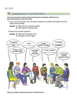 3641 UNrr 32
11 I INFORMATION GAP: AT THE SUPPORT GROUP
Workinpairs (A and8). StudentA, followtheinstructions on thispage. Student8, turn to
page 366 andfollowthe instructions there.
1. Look at the picture below. Ask your partner questions to complete what people said at the
support group meeting.
Example: A: What does Eva remember doing?
B: She remembers meeting Todd.
2. Answer your partner's questions.
Example: B: What does Todd hope to do?
A: He hopes to see Eva again.
When you are done, compareyourpictures. Are they thesame?
 