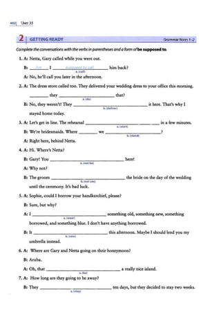 4021 UNIT 35
2 l GETTING READY GrammarNotes 1-2
Complete the conversations with the verbs in parentheses anda form ofbe supposed to.
1. A: Netta, Gary called while you were out.
B: Am I !f>U/JfJO!f>ed to call him back?
a.(call)
A: No, he'll call you later in the afternoon.
2. A: The dress store called too. They delivered your wedding dress to your office this morning.
____ they----------- that?
a.(do)
B: No, they weren't! They ---------- - -- - - it here. That's why I
b.(deliver)
stayed home today.
3. A: Let's get in line. The rehearsal --------------- in a few minutes.
a. (start)
B: We're bridesmaids. Where ____ we ____ _______?
b. (stand)
A: Right here, behind Netta.
4. A: Hi. Where's Netta?
B: Gary! You _ _______ _______ here!
a.(not be)
A: Why not?
B: The groom - - - - - -- - - - - - - - the bride on the day of the wedding
b.(notsee)
until the ceremony. It's bad luck.
5. A: Sophie, could I borrow your handkerchief, please?
B: Sure, but why?
A: I _______________ something old, something new, something
a.(wear)
borrowed, and something blue. I don't have anything borrowed.
B: It - - - - - - - - - - - - - - this afternoon. Maybe I should lend you my
b.(rain)
umbrella instead.
6. A: Where are Gary and Netta going on their honeymoon?
B: Aruba.
A: Oh, that ---------------a really nice island.
a.(be)
7. A: How long are they going to be away?
B: They --------------- ten days, but they decided to stay two weeks.
a.(stay)
 