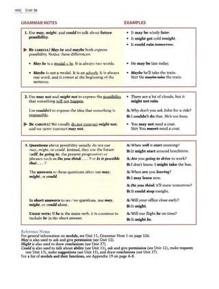 408j lJNIT 36
GRAMMAR NOTES
1. Use may, might, and could to talk about future
possibility.
Iii>- BE CAREFUL! May be and maybe both express
possibility. Notice these differences:
• May be is a modal + be. It is always two words.
• Maybe is not a modal. It is an adverb. It is always
one word, and it comes at ihe beginning of the
sentence.
2. Use may not and might not to express the possibility
that something will not happen.
Use coufdn't to express the idea that something is
impossjblc.
Iii>- B E CAREFUL! We usually do not contract might rwt,
and we never contract may not.
3 . (Juestions about possibility usually do not use
may, might, or could. Instead, they use the future
(will, be going to, the present progressive) or
phrases such as Do you think ... ? or ls it possible
that .. . ?
The answers to these questions often use may,
might, or could.
In short answers to yes I no questions, use may,
might, or could alone.
USAGE NOTE: If be is the main verb, it is common to
include be in the sho1t answe1:
Reference Notes
EXAMPLES
• It may be windy later.
• It might get cold tonight.
• It could rain tomorrow.
• He may be late today.
• Maybe he'll take the train.
NOT He fflayee *8he the train.
• There are a lot of clouds, but it
might not rain.
A: Why don't you ask John for a 1;de?
8:I couldn't do that. He's too busy.
• You may not need a coat.
NOT You mec:i·t1't need a coat.
A: When will it start snowing?
8:It might start around lunchtime.
A:Are you going to drive to work?
B:I don't know. I might take the bus.
A: When are you leaving?
B: I may leave now.
A: Do you think it'll snow tomorrow?
B: It could stop tonight.
A: Will your office close early?
B:It might.
A: Will our flight be on time?
B: It might be.
For general information on modals, see Unit 11, Grammar Note 1 on page 126.
May is also used to ask and give permission (sec Unit 12).
Might is also used to draw conclusions (see Unit 37).
Could is also used to talk about ability (see Unit 11), ask and give permission (see Unit 12), make requests
(see Unit 13), make suggestions (see Unit 15), and draw conclusions (see Unit 37).
For a list of modals and their functions, see Appendix 19 on page A-8.
 
