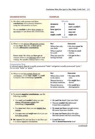 Conclusions: Must, Have (got) to, May, Might, Could, Can't j417
GRAMMAR NOTES
l . We often make guesses and draw
conclusions about present situations
using the info1·mation we have.
We use modals to show how cenain or
uncenajn we are about our conclusions.
2. When we are almost I00 percent certain.
we use must, have to, or have got to
to state affirmative conclusions.
VSAGE 111on:; We often use have gQt tQ
instead of ha.ve 10 in jnforroal speech and
writing. We usually contract have or has.
Pronunciation Note
EXAMPLES
100%cercain
AFFIRMATIVE
must
have (got) to
may
might, could
FACT
0%cercain
Wilson has only
one clerk.
Wilson applied
for a job.
They pay men for
having red hair.
NEGATIVE
can't, couldn't
must not
may not
might not
(ONCLUSl:ON
• His shop must be
quite small.
• He has to need
money.
• It's got to be a
joke.
In informal speech, have to is usually pronounced "hafta" and got to is usually pronounced "gotta. "
Do not write "hafta" or "gotta."
3. When we are less certain about our
conclusion. we use may, might, or could
to express that something is possible.
4. To express negative conclusions, use the
following modals:
• Use can't and couldn't when you are
almost 100 percent cenajn that
something is impossible.
• Use must not when you are sliiht!v less
certajn.
• Use may not and miglat not when you are
even less ce1tain.
1111- B E CAREFUL! Do not use ha.ve to and have got
to to draw negative conclusions.
FACT
Wilson has a hole
in his sleeve.
Watson knows a
lot about medicine.
Vincent knows a
lot about cameras.
CONCLUSl'ON
• He may write
a lot.
• He might be a
doctor.
• He could be a
photographe1~
• He can't be dead! I just saw him!
• Vincent couldn't be dishonest!
I trust him completely!
• He must not have enough money.
He never buys new clothes.
• He may not know about the plan.
His boss doesn't tell him everything.
• It can't be true!
NOTIt Eleesa't ha11e te 8e true!
(continued)
 