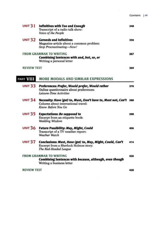 UNIT 3 1 Infinitives with Too and Enough
'fum.script ofa radio talk show:
Voice ofthe People
UNIT 32 Gerunds and Infinitives
Magazine article about a common problem:
Stop Procrastinating-Now!
FROM GRAMMAR TO WRITING
Comblqfng Sentences with and, but, so, or
Writing a personal letter
REVIEW TEST
ifmlijlii MORE MODALS AND SIMILAR EXPRESSIONS
CONTP.NTS Ivii
348
356
367
369
UNIT 33 Preferences: Prefer, Would prefer, Would rather 376
Online questionnaire aboutpreferences:
Leisure-1lme Activities
UNIT 34 Necessity: Have (got) to, Must, Dort have to, Must not, Can't 388
Column about international travel:
Know Before You Go
UNIT 35 Expectations: Be supposed to 398
Excerpt from an etiquette book:
Wedding Wisdom
UNIT 36 Future Possibility: May, Mltfrt, Could 406
'ftanscript of a TV weatherreport:
Weather Watch
UNIT 37 Conclusions: Must, Have (got) to, May, Might, Could, Can't 414
Excerpt from a Sherlock Holmes·story:
The Red-Headed League
FROM GRAMMAR TO WRITING 426
Combining Sentenceswith because, although, even thouth
Writing a business letter
REVIEW TEST 428
 
