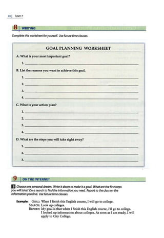 72 I UNIT 7
s,WRITING
Complete this worksheetforyourself. Use future timeclauses.
GOAL PLANNING WORKSHEET
A. Whatis your most important goal?
8. List the reasons you want to achieve this goal.
C. What is your action plan?
D. What are the steps you will take right away?
9 ION THE INTERNET
E Choose onepersonaldream. Write itdown to makeit a goal. Whatare the firststeps
you will take? Do a search to findthe informationyou need. Report to the class on the
informationyou find. Use future time clauses.
Example: GOAL: When I finish t!us English course, I will go to college.
SEARCH: Look up colleges.
REPORT: My goal is that when I finish this English course, I'll go to college.
I looked up information about colleges. As soon as I am ready, I will
apply to City College.
 
