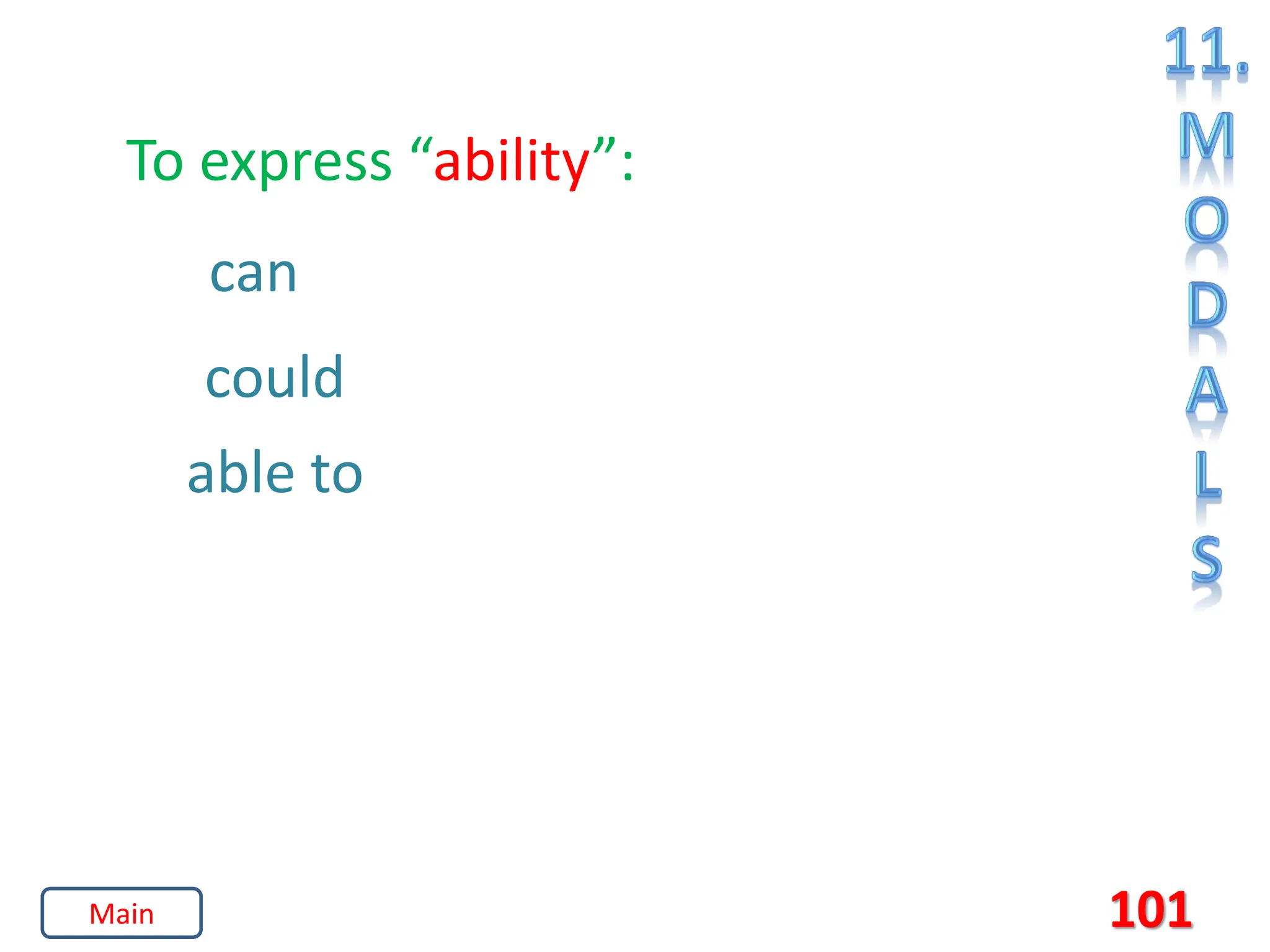 101
To express “ability”:
able to
can
could
Main
 
