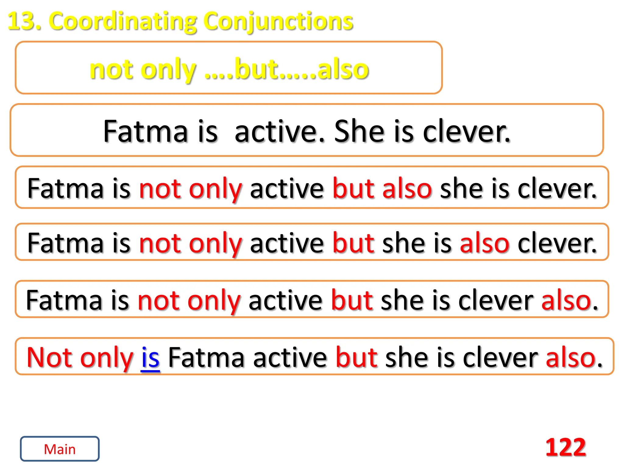 122
13. Coordinating Conjunctions
not only ….but…..also
Fatma is active. She is clever.
Fatma is not only active but also she is clever.
Fatma is not only active but she is also clever.
Fatma is not only active but she is clever also.
Not only is Fatma active but she is clever also.
Main
 