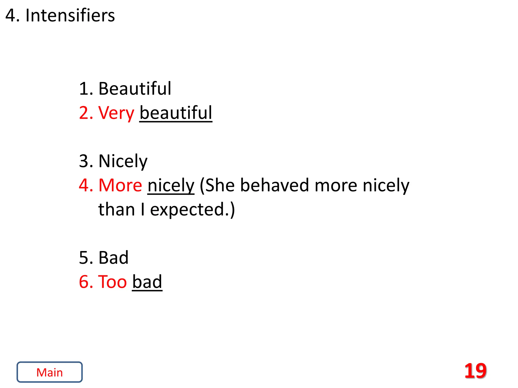 19
4. Intensifiers
1. Beautiful
2. Very beautiful
3. Nicely
4. More nicely (She behaved more nicely
than I expected.)
5. Bad
6. Too bad
Main
 