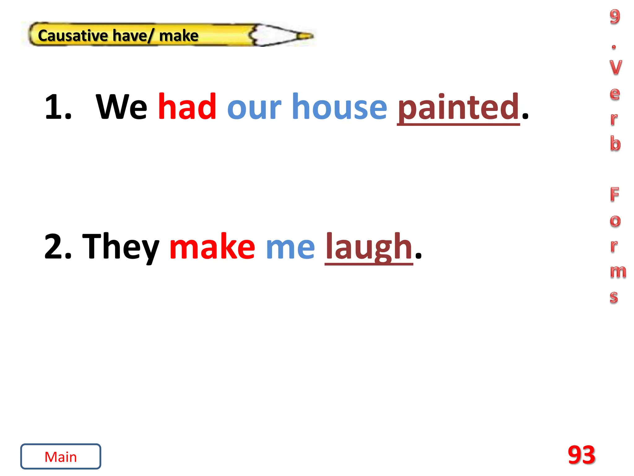93
Causative have/ make
1. We had our house painted.
2. They make me laugh.
Main
 
