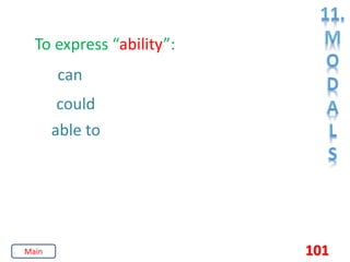 101
To express “ability”:
able to
can
could
Main
 