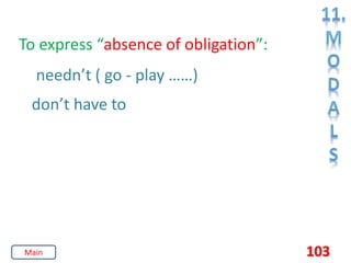 103
To express “absence of obligation”:
needn’t ( go - play ……)
don’t have to
Main
 