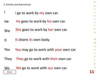 2. Articles and determiners
I
He
She
It
You
They
We
I go to work by my own car.
He goes to work by his own car.
She goes to work by her own car.
It cleans its own body.
You may go to work with your own car.
They go to work with their own car.
We go to work with our own car.
11
Main
 