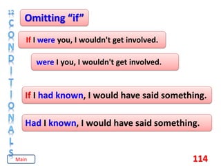 114
Omitting “if”
If I were you, I wouldn't get involved.
were I you, I wouldn't get involved.
If I had known, I would have said something.
Had I known, I would have said something.
Main
 