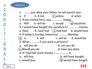 115
Questions
1. ……….you obey your father, he will punish you.
a. If b. if not c. unless d. when
2. If you visited Paris, you………………happy.
a. Will b. will be c. would d. would be
3. I would have bought the necklace if I ……………money.
a. Have b. have had c. had had d. would have
4. If today is Sunday, tomorrow ………….Monday.
a. is b. will c. will be d. would be
5. What……………if you were a princess?
a. will you do b. can you do
c. Would you do d. have you done
6. If I had had more money, I ……………… it.
a. will buy b. will have bought
c. would buy d. would have bought
Main
 