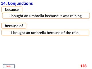 128
14. Conjunctions
because
I bought an umbrella because it was raining.
because of
I bought an umbrella because of the rain.
Main
 
