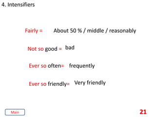 21
4. Intensifiers
Fairly = About 50 % / middle / reasonably
Not so good = bad
Ever so often= frequently
Ever so friendly= Very friendly
Main
 