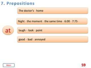 59
at
The doctor’s - home
Night - the moment - the same time - 6:00 - 7:75 -
laugh – look - point
good – bad - annoyed
Main
 