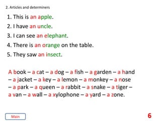 2. Articles and determiners
1. This is an apple.
2. I have an uncle.
3. I can see an elephant.
4. There is an orange on the table.
5. They saw an insect.
A book – a cat – a dog – a fish – a garden – a hand
– a jacket – a key – a lemon – a monkey – a nose
– a park – a queen – a rabbit – a snake – a tiger –
a van – a wall – a xylophone – a yard – a zone.
6
Main
 