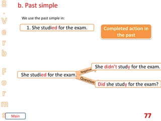 77
b. Past simple
We use the past simple in:
1. She studied for the exam. Completed action in
the past
She studied for the exam.
She didn’t study for the exam.
Did she study for the exam?
Main
 