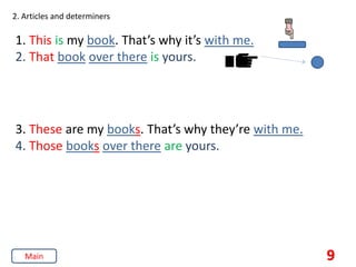 2. Articles and determiners
1. This is my book. That’s why it’s with me.
2. That book over there is yours.
3. These are my books. That’s why they’re with me.
4. Those books over there are yours.
9
Main
 