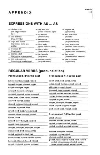 A P P E N D I X
STANLEY
111
EXPRESSIONS WITH AS ... AS
as blind as a bat
(tan ciego como un
topo)
as bold as brass
(muy atrevido)
as bright as a button
(espabilado como una
ardilla)
as cheap as dirt
(muy barato)
as clear as a bell
(claro como una campana)
as cool as a cucumber
(fresco como una lechuga)
as deaf as a post
(sordo como una tapia)
as dry as dust
(aburridfsimo)
as easy as pie
(estaba tirado)
as fat as a pig
(gordo como uncerdo)
as free as a bird
(libre como un pajaro)
as hard as nails
(muy duro)
as keen as mustard
(muy entusiasta)
as large as life
(grandfsimo)
as mad as a hatter
(chalado)
as pleased as Punch
(muy complacido)
as pretty as a picture
(tan bella como una rosa)
as quick as lightning
(rapido como una centella)
as right as rain
(mas razon que un santo)
as safe as houses
(segurfsimo)
REGULAR VERBS (pronunciation)
Pronounced /d/ in the past Pronounced /1/ in the past
bribed, described, robbed, rubbed
begged, dragged, plugged, tugged
banged, belonged, longed
arranged, changed, exchanged
damaged, emerged, judged, managed
called, filled, pulled, smiled, travelled
assumed, claimed, combed
cleaned, explained, listened, opened
answered, appeared, dared
arrived, lived, loved, moved, proved
accused, closed, excused, refused
bathed, lathed
delayed, obeyed, played, weighed
agreed, freed, guaranteed
annoyed, destroyed, employed, enjoyed
cried, denied, dried, fried, qualified
replied, satisfied, terrified, tried
buried, carried, hurried, married, worried
borrowed, followed, showed, videoed
argued, continued, rescued, reviewed
asked, joked, liked, locked, looked
picked, talked, thanked, walked, worked
addressed, crossed, danced
discussed, faced, guessed, missed
matched, reached, switched, touched
crashed, finished, pushed, washed
coughed, laughed, stuffed
camped, developed, dropped, helped
Pronounced /id/ in the past
added, afforded
attended, avoided, decided, ended
handed, included, mended, minded
needed, provided, reminded, skidded
admitted, attempted, collected
completed, counted, dated,
educated, excited, expected
greeted, hated, insisted, invited, lifted, painted,
posted printed rested shouted started
tasted, visited, waited, wanted, wasted
hoped, jumped, shopped, stopped
aaxed, boxed, foxed, relaxed, waxed
 