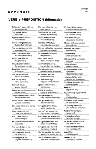 A P P E N D I X
VERB + PREPOSITION (idiomatic)
STANLEY
112
Cakes don't agree with me.
(me sientan mal)
You answer to him.
(explfcate)
Appear for him in court
(representale)
You're asking for trouble,
(buscando problemas)
You can bank on my help,
(puedes confiar)
I didn't bargain for this,
(no me esperaba esto)
Please bear with me.
(ten paciencia)
I have broken with her.
(he terminado con ella)
Burst into the room,
(irrumpiren)
She burst into tears,
(estallo en lagrimas)
Call for me at five,
(ven a buscarme)
I cancall on you.
(puedo visitarte)
I came across this manuscript,
(me encontre)
They came at me with knives,
(se echaron encima)
Where did she come by this?
(i,d6ndeencontr6?)
She came into a lot of money,
(heredo)
What came over you?
(<:,que mosca te pico?)
Can I count on you?
(contar contigo)
My uncle descended on me.
(me visito)
You can't dictate to me.
(imponerme)
She's dying for a drink,
(se muere por)
Stop digging at me.
(deja de buscar faltas)
This coat will do for you.
(esto valdra)
Shall I do for you now?
(limpiar la habitacion)
I could do with a drink,
(me vendria bien)
I can't do without you.
(no me puedo pasar sin)
Bills are eating into my savings,
(me estan arruinando)
He entered for an exam,
(se presento a)
She's fallen for him.
(se ha enamorado de el)
I won't fall for that trick,
(no caere en esa trampa)
She fell on the food,
(se lanzo sobre la comida)
He finished with her.
(termino con ella)
He flew into a rage,
(se puso como una fiera)
I gather from himthat ...
(adivino que)
Gather around me.
(reunirse a mi alrededor)
Stop getting at me.
(deja de meterte conmigo)
She got into trouble,
(se metio en Ifos)
He's got over his illness,
(se ha repuesto de)
You can't get around me.
(no me vas a convencer)
How can we get around this?
(icomo podemos resolver?)
He's going about his work,
(sigue con su trabajo)
He's gone after the thief,
(ha ido tras el ladron)
The dog went for the burglar,
(el perro se lanzo a por ...)
The picture went for £500.
(el cuadro se vendio por)
We'll go into the matter,
(consideraremos el asunto)
The house grew on us.
(le cogimos carino)
I must hand it to you.
(debo darte el merito)
It hangs on this agreement,
(depende de)
It headed for the port,
(se dirigio a)
I won't hear of.
(no lo considerare)
Help yourself to some cake,
(sfrvete)
I hit on this idea,
(se me ocurrio)
We must hold on to our
agreement,
(debemos atenernos)
He jumped at the idea,
(acepto con entusiasmo)
Don't jump on me for this,
(no me culpes)
Keep at it.
(sigue con ello)
You can't keep a secret from
him.
(no le ocultes)
She keeps him in money,
(le proporciona)
I'm keeping off tobacco,
(me mantengo sin fumar)
Keep to that point/plan,
(sigue con)
He kicked up a fuss,
(armo un alboroto)
He landed me into trouble,
(me metio en Ifos)
I've been landed with this,
(me han dado esto)
Lay off her.
(dejala en paz)
Leave it to me.
(dejalo a mi cuenta)
 