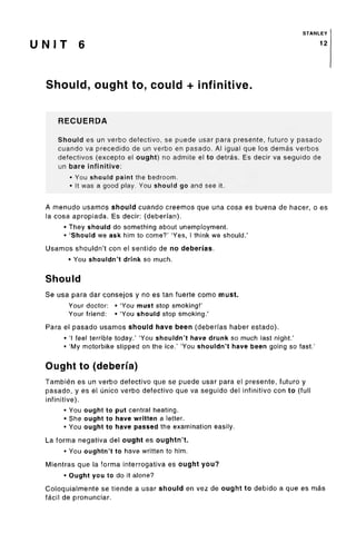 STANLEY
U N I T 6 12
Should, ought to, could + infinitive.
RECUERDA
Should es un verbo defective, se puede usar para presente, future y pasado
cuando va precedido de un verbo en pasado. Al igual que los demas verbos
defectives (excepto el ought) no admite el to detras. Es decir va seguido de
un bare infinitive:
• You should paint the bedroom.
• It was a good play. You should go and see it.
A menudo usamos should cuando creemos que una cosa es buena de hacer, o es
la cosa apropiada. Es decir: (deberfan).
• They should do something about unemployment.
• 'Should we ask him to come?' 'Yes, I think we should.'
Usamos shouldn't con el sentido de no deben'as.
• You shouldn't drink so much.
Should
Se usa para dar consejos y no es tan fuerte como must.
Your doctor: • 'You must stop smoking!'
Your friend: • 'You should stop smoking.'
Para el pasado usamos should have been (deben'as haber estado).
• 'I feel terrible today.' 'You shouldn't have drunk so much last night.'
• 'My motorbike slipped on the ice.' 'You shouldn't have been going so fast.'
Ought to (deberfa)
Tambien es un verbo defective que se puede usar para el presente, future y
pasado, y es el unico verbo defective que va seguido del infinitive con to (full
infinitive).
• You ought to put central heating.
• She ought to have written a letter.
• You ought to have passed the examinationeasily.
La forma negativa del ought es oughtn't.
• You oughtn't to have written to him.
Mientras que la forma interrogativa es ought you?
• Ought you to do it alone?
Coloquialmente se tiende a usar should en vez de ought to debido a que es mas
facil de pronunciar.
 