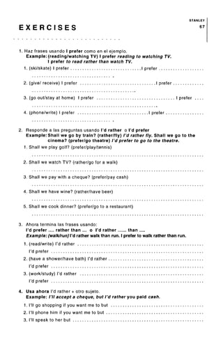 STANLEY
E X E R C I S E S 67
1. Haz frases usando I prefer como en el ejemplo.
Example: (reading/watching TV) I prefer reading to watching TV.
I prefer to read rather than watch TV.
1. (ski/skate) I prefer I prefer
2. (give/ receive) i prefer I prefer
3. (go out/stay at home) I prefer I prefer
4. (phone/write) I prefer I prefer
2. Responde a las preguntas usando I'd rather o I'd prefer
Example: Shall we go by train? (rather/fly) I'd rather fly. Shall we go to the
cinema? (prefer/go theatre) I'd prefer to go to the theatre.
1. Shall we play golf? (prefer/play/tennis)
2. Shall we watch TV? (rather/go for a walk)
3. Shall we pay with a cheque? (prefer/pay cash)
4. Shall we have wine? (rather/have beer)
5. Shall we cook dinner? (prefer/go to a restaurant)
3. Ahora termina las frases usando:
I'd prefer.... rather than ... o I'd rather than ....
Example: (walk/run) I'd rather walk than run. I prefer to walk rather than run.
1. (read/write) I'd rather
I'd prefer
2. (have a shower/have bath) I'd rather
I'd prefer
3. (work/study) I'd rather
I'd prefer
4. Usa ahora I'd rather + otro sujeto.
Example: /'// accept a cheque, but I'd rather you paid cash.
1. I'll go shopping if you want me to but
2. I'll phone him if you want me to but
3. I'll speak to her but
 