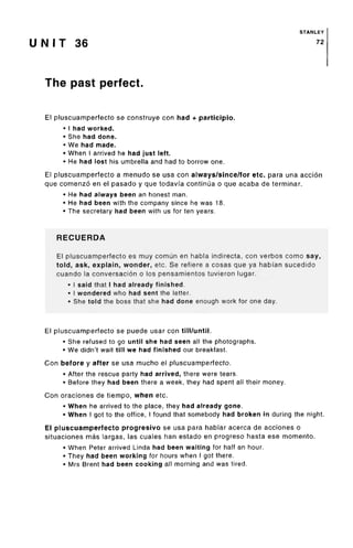 STANLEY
U N I T 36 72
The past perfect.
El pluscuamperfecto se construye con had + participio.
• I had worked.
• She had done.
• We had made.
• When I arrived he had just left.
• He had lost his umbrella and had to borrow one.
El pluscuamperfecto a menudo se usa con always/since/for etc. para una accion
que comenzo en el pasado y que todavfa continue o que acaba de terminar.
• He had always been an honest man.
• He had been with the company since he was 18.
• The secretary had been with us for ten years.
RECUERDA
El pluscuamperfecto es muy comun en habla indirecta, con verbos como say,
told, ask, explain, wonder, etc. Se refiere a cosas que ya habfan sucedido
cuando la conversacion o los pensamientos tuvieron lugar.
• I said that I had already finished.
• I wondered who had sent the letter.
• She told the boss that she had done enough work for one day.
El pluscuamperfecto se puede usar con till/until.
• She refused to go until she had seen all the photographs.
• We didn't wait till we had finished our breakfast.
Con before y after se usa mucho el pluscuamperfecto.
• After the rescue party had arrived, there were tears.
• Before they had been there a week, they had spent all their money.
Con oraciones de tiempo, when etc.
• When he arrived to the place, they had already gone.
• When I got to the office, I found that somebody had broken in during the night.
El pluscuamperfecto progresivo se usa para hablar acerca de acciones o
situaciones mas largas, las cuales han estado en progreso hasta ese momento.
• When Peter arrived Linda had been waiting for half an hour.
• They had been working for hours when I got there.
• Mrs Brent had been cooking all morning and was tired.
 