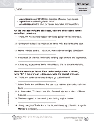 Grammar
                                                                                                           Pronouns and
                           Name                                                                            Antecedents




                             • A pronoun is a word that takes the place of one or more nouns.
                             • A pronoun may be singular or plural.
                             • An antecedent is the noun (or nouns) to which a pronoun refers.


                          On the lines following the sentences, write the antecedents for the
                          underlined pronouns.
                           1. ’Tricia Ann was excited because she was going someplace special.


                           2. “Someplace Special” is important to ’Tricia Ann; it is her favorite spot.


                           3. Mama Frances said to ’Tricia Ann, “Act like you belong to somebody.”


                           4. People got on the bus. They were carrying bags of fruits and vegetables.


                           5. A little boy approached ’Tricia Ann and said that he was six years old.


                          Read the sentences below. If the underlined pronoun is correct,
                          write “C.” If the pronoun is incorrect, write the correct pronoun.
                           6. ’Tricia Ann said that her was ready to go out by herself.


                           7. When ’Tricia Ann and Mama Frances rode the bus, she had to sit in the
                              back.
                           8. At the market, ’Tricia Ann met Mrs. Grannell. We was a friend of Mama
© Macmillan/McGraw-Hill




                              Frances.
                           9. The bus stopped in the street; it was having engine trouble.


                          10. Jimmy Lee gave ’Tricia Ann a pretzel, and then they pointed to a sign in
                              Monroe’s restaurant.


                            At Home: Retell a favorite story using as many pronouns as
                                                                                         Goin’ Someplace Special
                            you can.                                                                                   97
                                                                                                     Grade 5/ Unit 4
 