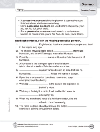 Grammar
                           Name                                                                                 Possessive Pronouns




                                • A possessive pronoun takes the place of a possessive noun.
                                  It shows who or what owns something.
                                • Some possessive pronouns are used before nouns (my, your,
                                  his, her, its, our, your, their).
                                • Some possessive pronouns stand alone in a sentence and
                                  function as nouns (mine, yours, his, hers, its, ours, yours, theirs).

                          Read each sentence. Fill in the missing possessive pronoun.
                           1.                        English word hurricane comes from people who lived
                                in the tropics long ago.
                           2. The ancient Mayan people called                    storm god
                              Hunraken, and an evil Taino god was called Huracan.
                           3. Possibly                                    name or Hunraken’s is the source of
                              hurricane.
                           4. A hurricane is the strongest type of tropical storm;
                              winds blow at speeds of 74 miles an hour or more.
                           5.                               cousin Frances lives in an area that has no
                                hurricanes;                                   house will not be in danger.
                           6. If you live in an area that does have hurricanes, keep
                              emergency supplies handy.
                           7. We keep                                      in the back of the big closet in
                                                            brother’s room.
                           8. We keep a flashlight, a radio, food, and bottled water in
                                                            emergency kit.
© Macmillan/McGraw-Hill




                           9. When my mom heard news of a hurricane watch, she left
                                                            office to come home early.
                          10. The more we learn about hurricanes, the better
                              chances of coming through them safely.




                            At Home: Describe preparations for a hurricane. Use at
                            least three possessive pronouns.                                   Hurricanes •   Grade 5/ Unit 4   115
 