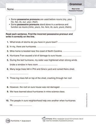 Grammar
                                                                                  Ways to Use
 Name                                                                         Possessive Pronouns




   • Some possessive pronouns are used before nouns (my, your,
     his, her, its, our, your, their).
   • Some possessive pronouns stand alone in a sentence and
     function as nouns (mine, yours, his, hers, its, ours, yours, theirs).


Read each sentence. Find the incorrect possessive pronoun and
write it correctly on the line.

 1. What kinds of storms do you have in yours town?

 2. In my, there are hurricanes.

 3. Mine home is located near the coast of North Carolina.

 4. Hurricane Fran caused a lot of damage to ours house.

 5. During the last hurricane, my sister was frightened when strong winds

    broke a window in hers room.

 6. Many large trees fell in Phil and Gina’s yard and ruined theirs shed.



 7. Three big trees fell on top of the shed, crashing through her roof.



 8. However, the roof on ours house was not damaged.

 9. We have learned about hurricanes in mine science class.
                                                                                                        © Macmillan/McGraw-Hill




10. The people in ours neighborhood help one another when hurricanes

    hit.




                                            At Home: Write a newspaper account of a hurricane. Use at
116 Hurricanes •   Grade 5/ Unit 4          least four examples of possessive pronouns.
 