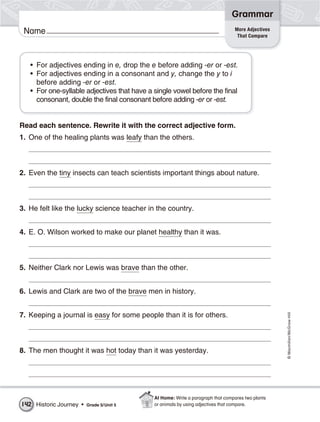Grammar
                                                                                 More Adjectives
 Name                                                                             That Compare




   • For adjectives ending in e, drop the e before adding -er or -est.
   • For adjectives ending in a consonant and y, change the y to i
     before adding -er or -est.
   • For one-syllable adjectives that have a single vowel before the final
     consonant, double the final consonant before adding -er or -est.


Read each sentence. Rewrite it with the correct adjective form.
1. One of the healing plants was leafy than the others.



2. Even the tiny insects can teach scientists important things about nature.



3. He felt like the lucky science teacher in the country.


4. E. O. Wilson worked to make our planet healthy than it was.



5. Neither Clark nor Lewis was brave than the other.


6. Lewis and Clark are two of the brave men in history.


7. Keeping a journal is easy for some people than it is for others.
                                                                                                   © Macmillan/McGraw-Hill




8. The men thought it was hot today than it was yesterday.




                                             At Home: Write a paragraph that compares two plants
142 Historic Journey •   Grade 5/ Unit 5     or animals by using adjectives that compare.
 