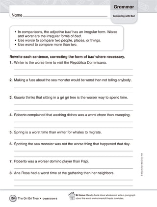 Grammar
 Name                                                                         Comparing with Bad




   • In comparisons, the adjective bad has an irregular form. Worse
     and worst are the irregular forms of bad.
   • Use worse to compare two people, places, or things.
   • Use worst to compare more than two.


Rewrite each sentence, correcting the form of bad where necessary.
1. Winter is the worse time to visit the República Dominicana.



2. Making a fuss about the sea monster would be worst than not telling anybody.



3. Guario thinks that sitting in a gri gri tree is the worser way to spend time.



4. Roberto complained that washing dishes was a worst chore than sweeping.



5. Spring is a worst time than winter for whales to migrate.


6. Spotting the sea monster was not the worse thing that happened that day.
                                                                                                      © Macmillan/McGraw-Hill




7. Roberto was a worser domino player than Papi.


8. Ana Rosa had a worst time at the gathering than her neighbors.




                                            At Home: Read a book about whales and write a paragraph
154 The Gri Gri Tree •   Grade 5/ Unit 5    about the worst environmental threats to whales.
 