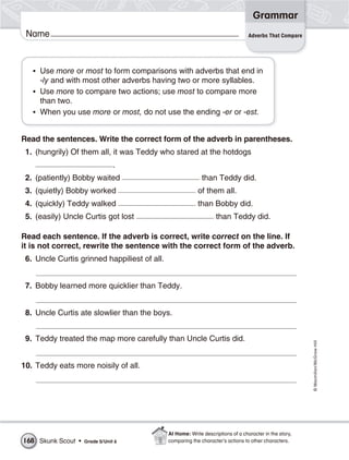Grammar
 Name                                                                             Adverbs That Compare




   • Use more or most to form comparisons with adverbs that end in
     -ly and with most other adverbs having two or more syllables.
   • Use more to compare two actions; use most to compare more
     than two.
   • When you use more or most, do not use the ending -er or -est.


Read the sentences. Write the correct form of the adverb in parentheses.
 1. (hungrily) Of them all, it was Teddy who stared at the hotdogs
                                 .
 2. (patiently) Bobby waited                                 than Teddy did.
 3. (quietly) Bobby worked                                 of them all.
 4. (quickly) Teddy walked                                 than Bobby did.
 5. (easily) Uncle Curtis got lost                                 than Teddy did.

Read each sentence. If the adverb is correct, write correct on the line. If
it is not correct, rewrite the sentence with the correct form of the adverb.
 6. Uncle Curtis grinned happiliest of all.


 7. Bobby learned more quicklier than Teddy.


 8. Uncle Curtis ate slowlier than the boys.


 9. Teddy treated the map more carefully than Uncle Curtis did.
                                                                                                         © Macmillan/McGraw-Hill




10. Teddy eats more noisily of all.




                                              At Home: Write descriptions of a character in the story,
168 Skunk Scout •   Grade 5/ Unit 6           comparing the character’s actions to other characters.
 