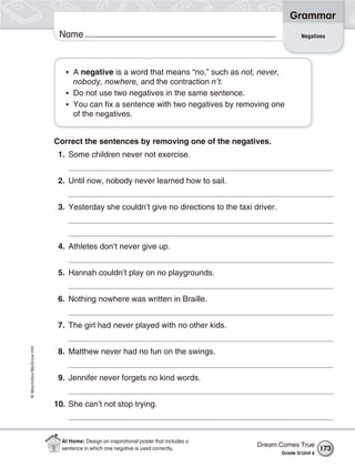 Grammar
                           Name                                                                        Negatives




                             • A negative is a word that means “no,” such as not, never,
                               nobody, nowhere, and the contraction n’t.
                             • Do not use two negatives in the same sentence.
                             • You can fix a sentence with two negatives by removing one
                               of the negatives.


                          Correct the sentences by removing one of the negatives.
                           1. Some children never not exercise.


                           2. Until now, nobody never learned how to sail.


                           3. Yesterday she couldn’t give no directions to the taxi driver.



                           4. Athletes don’t never give up.


                           5. Hannah couldn’t play on no playgrounds.


                           6. Nothing nowhere was written in Braille.


                           7. The girl had never played with no other kids.
© Macmillan/McGraw-Hill




                           8. Matthew never had no fun on the swings.


                           9. Jennifer never forgets no kind words.


                          10. She can’t not stop trying.



                            At Home: Design an inspirational poster that includes a
                                                                                      Dream Comes True
                            sentence in which one negative is used correctly.                                   173
                                                                                              Grade 5/ Unit 6
 