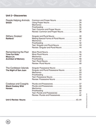 Unit 2 • Discoveries

People Helping Animals   Common and Proper Nouns. . . . . . . . . . . . . . . . . . . . . . .33
Shiloh                   Using Proper Nouns . . . . . . . . . . . . . . . . . . . . . . . . . . . . . 34
                         Mechanics . . . . . . . . . . . . . . . . . . . . . . . . . . . . . . . . . . . . . 35
                         Proofreading . . . . . . . . . . . . . . . . . . . . . . . . . . . . . . . . . . . 36
                         Test: Common and Proper Nouns . . . . . . . . . . . . . . . . . . 37
                         Review: Common and Proper Nouns. . . . . . . . . . . . . . . .38

Slithery Snakes!         Singular and Plural Nouns . . . . . . . . . . . . . . . . . . . . . . . . 39
Rattlers!                Making Special Forms of Plural Nouns . . . . . . . . . . . . . .40
                         Mechanics . . . . . . . . . . . . . . . . . . . . . . . . . . . . . . . . . . . . . 41
                         Proofreading . . . . . . . . . . . . . . . . . . . . . . . . . . . . . . . . . . . 42
                         Test: Singular and Plural Nouns . . . . . . . . . . . . . . . . . . . . 43
                         Review: Singular and Plural Nouns . . . . . . . . . . . . . . . . . 44

Remembering the Past     More Plural Nouns. . . . . . . . . . . . . . . . . . . . . . . . . . . . . . . 45
Time For Kids:           More Plural Nouns. . . . . . . . . . . . . . . . . . . . . . . . . . . . . . . 46
Maya Lin:                Mechanics . . . . . . . . . . . . . . . . . . . . . . . . . . . . . . . . . . . . . 47
Architect of Memory      Proofreading . . . . . . . . . . . . . . . . . . . . . . . . . . . . . . . . . . .48
                         Test: Plural Nouns . . . . . . . . . . . . . . . . . . . . . . . . . . . . . . . 49
                         Review: Plural Nouns . . . . . . . . . . . . . . . . . . . . . . . . . . . . 50

The Caribbean Islands    Singular Possessive Nouns . . . . . . . . . . . . . . . . . . . . . . . 51
The Night of San Juan    Singular and Plural Possessive Nouns . . . . . . . . . . . . . . 52
                         Mechanics . . . . . . . . . . . . . . . . . . . . . . . . . . . . . . . . . . . . . 53
                         Proofreading . . . . . . . . . . . . . . . . . . . . . . . . . . . . . . . . . . . 54
                         Test: Possessive Nouns . . . . . . . . . . . . . . . . . . . . . . . . . . 55
                         Review: Possessive Nouns . . . . . . . . . . . . . . . . . . . . . . . 56

Cowboys and Cowgirls     Plurals and Possessives . . . . . . . . . . . . . . . . . . . . . . . . . . 57
Black Cowboy Wild        Plurals and Possessives . . . . . . . . . . . . . . . . . . . . . . . . . . 58
Horses                   Mechanics . . . . . . . . . . . . . . . . . . . . . . . . . . . . . . . . . . . . . 59
                         Proofreading . . . . . . . . . . . . . . . . . . . . . . . . . . . . . . . . . . . 60
                         Test: Plurals and Possessives . . . . . . . . . . . . . . . . . . . . . 61
                                                                                                                       © Macmillan /McGraw-Hill




                         Review: Plurals and Possessives. . . . . . . . . . . . . . . . . . . 62

Unit 2 Review: Nouns     . . . . . . . . . . . . . . . . . . . . . . . . . . . . . . . . . . . . . . . . . . .63, 64




 iv
 