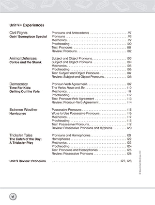 Unit 4 • Experiences

Civil Rights              Pronouns and Antecedents . . . . . . . . . . . . . . . . . . . . . . . 97
Goin’ Someplace Special   Pronouns . . . . . . . . . . . . . . . . . . . . . . . . . . . . . . . . . . . . . . 98
                          Mechanics . . . . . . . . . . . . . . . . . . . . . . . . . . . . . . . . . . . . . 99
                          Proofreading . . . . . . . . . . . . . . . . . . . . . . . . . . . . . . . . . . 100
                          Test: Pronouns . . . . . . . . . . . . . . . . . . . . . . . . . . . . . . . . 101
                          Review: Pronouns . . . . . . . . . . . . . . . . . . . . . . . . . . . . . . 102

Animal Defenses           Subject and Object Pronouns. . . . . . . . . . . . . . . . . . . . . 103
Carlos and the Skunk      Subject and Object Pronouns. . . . . . . . . . . . . . . . . . . . . 104
                          Mechanics . . . . . . . . . . . . . . . . . . . . . . . . . . . . . . . . . . . . 105
                          Proofreading . . . . . . . . . . . . . . . . . . . . . . . . . . . . . . . . . . 106
                          Test: Subject and Object Pronouns . . . . . . . . . . . . . . . . 107
                          Review: Subject and Object Pronouns. . . . . . . . . . . . . . 108

Democracy                 Pronoun-Verb Agreement . . . . . . . . . . . . . . . . . . . . . . . . 109
Time For Kids:            The Verbs Have and Be . . . . . . . . . . . . . . . . . . . . . . . . . 110
Getting Out the Vote      Mechanics . . . . . . . . . . . . . . . . . . . . . . . . . . . . . . . . . . . . 111
                          Proofreading . . . . . . . . . . . . . . . . . . . . . . . . . . . . . . . . . . 112
                          Test: Pronoun-Verb Agreement . . . . . . . . . . . . . . . . . . . 113
                          Review: Pronoun-Verb Agreement . . . . . . . . . . . . . . . . . 114

Extreme Weather           Possessive Pronouns . . . . . . . . . . . . . . . . . . . . . . . . . . . 115
Hurricanes                Ways to Use Possessive Pronouns . . . . . . . . . . . . . . . . 116
                          Mechanics . . . . . . . . . . . . . . . . . . . . . . . . . . . . . . . . . . . . 117
                          Proofreading . . . . . . . . . . . . . . . . . . . . . . . . . . . . . . . . . . 118
                          Test: Possessive Pronouns. . . . . . . . . . . . . . . . . . . . . . . 119
                          Review: Possessive Pronouns and Hyphens . . . . . . . . 120

Trickster Tales           Pronouns and Homophones. . . . . . . . . . . . . . . . . . . . . . 121
The Catch of the Day:     Homophones . . . . . . . . . . . . . . . . . . . . . . . . . . . . . . . . . . 122
A Trickster Play          Mechanics . . . . . . . . . . . . . . . . . . . . . . . . . . . . . . . . . . . . 123
                          Proofreading . . . . . . . . . . . . . . . . . . . . . . . . . . . . . . . . . . 124
                          Test: Pronouns and Homophones . . . . . . . . . . . . . . . . . 125
                                                                                                                       © Macmillan /McGraw-Hill




                          Review: Possessive Pronouns . . . . . . . . . . . . . . . . . . . . 126

Unit 4 Review: Pronouns   . . . . . . . . . . . . . . . . . . . . . . . . . . . . . . . . . . . . . . . . . 127, 128




 vi
 
