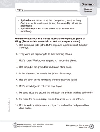 Grammar
                                                                                                              Plurals and
                           Name                                                                               Possessives




                             • A plural noun names more than one person, place, or thing.
                             • Add -s or -es to most nouns to form the plural. Do not use an
                               apostrophe.
                             • A possessive noun shows who or what owns or has
                               something.


                          Underline each noun that names more than one person, place, or
                          thing. (Some sentences contain more than one plural noun.)
                           1. Bob Lemmons rode to the bluff’s edge and looked down at the other
                              cowboys.

                           2. They were just beginning to do their morning chores.

                           3. Bob’s horse, Warrior, was eager to run across the plains.

                           4. Bob looked at the ground for tracks and other clues.

                           5. In the afternoon, he saw the hoofprints of mustangs.

                           6. Bob got down on his hands and knees to study the tracks.

                           7. Bob’s knowledge did not come from books.

                           8. He could study the ground and tell about the animals that had been there.
© Macmillan/McGraw-Hill




                           9. He made the horses accept him as though he were one of them.

                          10. Bob looked for eight mares, a colt, and a stallion that had passed two
                              days earlier.




                            At Home: Brainstorm a list of plural nouns that tell about
                            what a cowboy’s daily chores might be.                       Black Cowboy, Wild Horses      57
                                                                                                       Grade 5/Unit 2
 