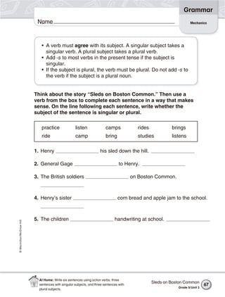 Grammar
                           Name                                                                                        Mechanics




                             • A verb must agree with its subject. A singular subject takes a
                               singular verb. A plural subject takes a plural verb.
                             • Add -s to most verbs in the present tense if the subject is
                               singular.
                             • If the subject is plural, the verb must be plural. Do not add -s to
                               the verb if the subject is a plural noun.


                          Think about the story “Sleds on Boston Common.” Then use a
                          verb from the box to complete each sentence in a way that makes
                          sense. On the line following each sentence, write whether the
                          subject of the sentence is singular or plural.

                             practice               listen               camps             rides            brings
                             ride                   camp                 bring             studies          listens

                          1. Henry                                   his sled down the hill.

                          2. General Gage                                         to Henry.

                          3. The British soldiers                                        on Boston Common.



                          4. Henry’s sister                                      corn bread and apple jam to the school.



                          5. The children                                      handwriting at school.
© Macmillan/McGraw-Hill




                            At Home: Write six sentences using action verbs: three
                                                                                                   Sleds on Boston Common
                            sentences with singular subjects, and three sentences with                                           67
                                                                                                               Grade 5/ Unit 3
                            plural subjects.
 