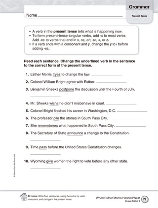 Grammar
                           Name                                                                                  Present Tense




                             • A verb in the present tense tells what is happening now.
                             • To form present-tense singular verbs, add -s to most verbs.
                               Add -es to verbs that end in s, ss, ch, sh, x, or z.
                             • If a verb ends with a consonant and y, change the y to i before
                               adding -es.


                          Read each sentence. Change the underlined verb in the sentence
                          to the correct form of the present tense.

                           1. Esther Morris tryes to change the law.

                           2. Colonel William Bright agree with Esther.

                           3. Benjamin Sheeks postpone the discussion until the Fourth of July.


                           4. Mr. Sheeks wishs he didn’t misbehave in court.

                           5. Colonel Bright finished his career in Washington, D.C.

                           6. The professor pile the stones in South Pass City.

                           7. She rememberes what happened in South Pass City.

                           8. The Secretary of State announce a change to the Constitution.


                           9. Time pass before the United States Constitution changes.
© Macmillan/McGraw-Hill




                          10. Wyoming give women the right to vote before any other state.




                            At Home: Write four sentences, using the verbs try, wish,
                            announce, and change in the present tense.
                                                                                        When Esther Morris Headed West      71
                                                                                                           Grade 5/Unit 3
 