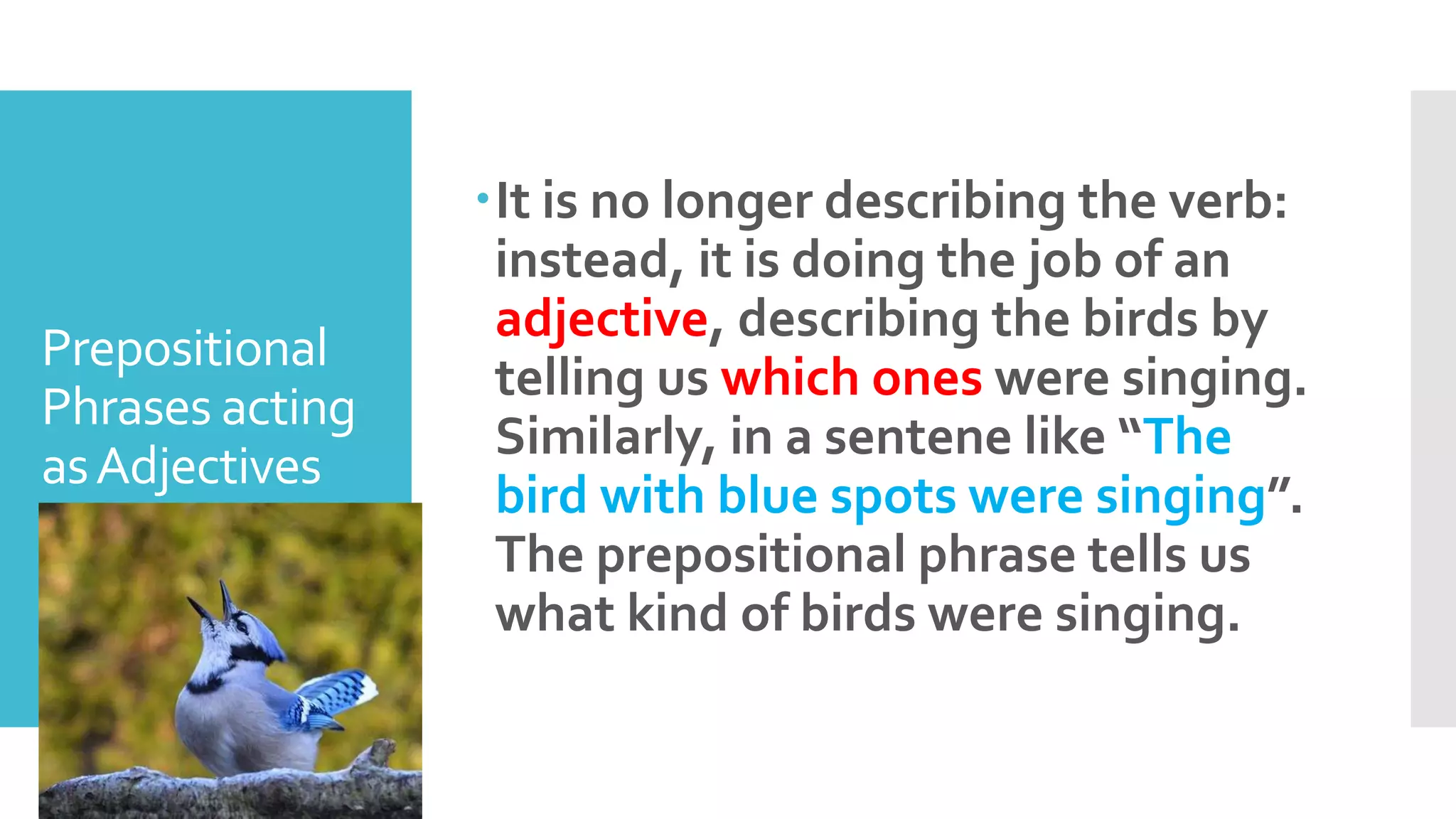 Prepositional
Phrases acting
asAdjectives
It is no longer describing the verb:
instead, it is doing the job of an
adjective, describing the birds by
telling us which ones were singing.
Similarly, in a sentene like “The
bird with blue spots were singing”.
The prepositional phrase tells us
what kind of birds were singing.