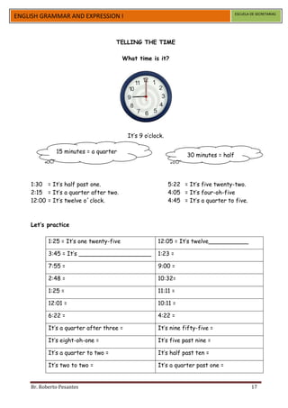 ESCUELA DE SECRETARIAS
ENGLISH GRAMMAR AND EXPRESSION I


                                     TELLING THE TIME

                                         What time is it?




                                          It’s 9 o’clock.

              15 minutes = a quarter
                                                                   30 minutes = half




    1:30 = It’s half past one.                              5:22 = It’s five twenty-two.
    2:15 = It’s a quarter after two.                        4:05 = It’s four-oh-five
    12:00 = It’s twelve o´clock.                            4:45 = It’s a quarter to five.



    Let’s practice

           1:25 = It’s one twenty-five                12:05 = It’s twelve___________

           3:45 = It’s ____________________           1:23 =

           7:55 =                                     9:00 =

           2:48 =                                     10:32=

           1:25 =                                     11:11 =

           12:01 =                                    10:11 =

           6:22 =                                     4:22 =

           It’s a quarter after three =               It’s nine fifty-five =

           It’s eight-oh-one =                        It’s five past nine =

           It’s a quarter to two =                    It’s half past ten =

           It’s two to two =                          It’s a quarter past one =


    Br. Roberto Pesantes                                                                       17
 