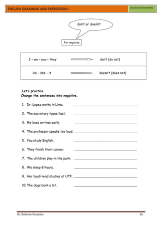 ESCUELA DE SECRETARIAS
ENGLISH GRAMMAR AND EXPRESSION I



                                               don’t or doesn’t




                                     For negative




            I – we – you – they                               don’t (do not)



               He – she – it                                  doesn’t (does not)




       Let’s practice
      Change the sentences into negative.

       1. Dr. Lopez works in Lima.           _______________________________

       2. The secretary types fast.          _______________________________

       3. My boss arrives early.             _______________________________

       4. The professor speaks too loud. _______________________________

       5. You study English.                 _______________________________

       6. They finish their career.          _______________________________

       7. The children play in the park.     _______________________________

       8. We sleep 8 hours.                  _______________________________

       9. Her boyfriend studies at UTP. _______________________________

       10. The dogs bark a lot.              _______________________________




    Br. Roberto Pesantes                                                                   26
 