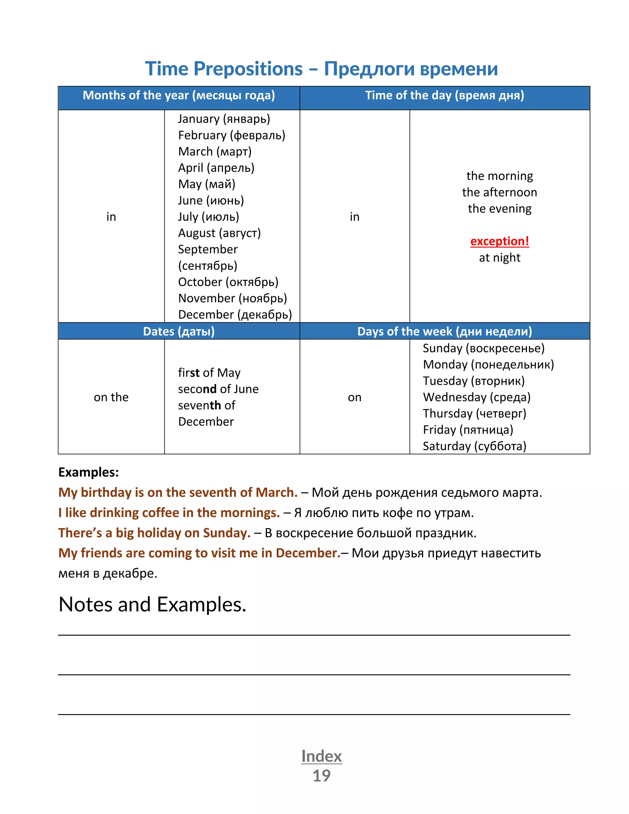 Index
19
Time Prepositions – Предлоги времени
Months of the year (месяцы года) Time of the day (время дня)
in
January (январь)
February (февраль)
March (март)
April (апрель)
May (май)
June (июнь)
July (июль)
August (август)
September
(сентябрь)
October (октябрь)
November (ноябрь)
December (декабрь)
in
the morning
the afternoon
the evening
exception!
at night
Dates (даты) Days of the week (дни недели)
on the
first of May
second of June
seventh of
December
on
Sunday (воскресенье)
Monday (понедельник)
Tuesday (вторник)
Wednesday (среда)
Thursday (четверг)
Friday (пятница)
Saturday (суббота)
Examples:
My birthday is on the seventh of March. – Мой день рождения седьмого марта.
I like drinking coffee in the mornings. – Я люблю пить кофе по утрам.
There’s a big holiday on Sunday. – В воскресение большой праздник.
My friends are coming to visit me in December.– Мои друзья приедут навестить
меня в декабре.
Notes and Examples.
________________________________________________________________
________________________________________________________________
________________________________________________________________
 