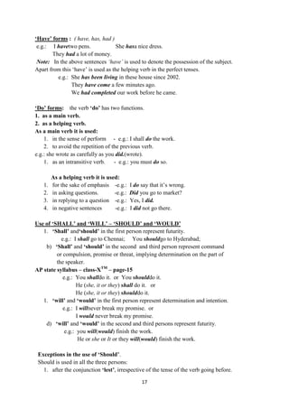 17
„Have‟ forms : ( have, has, had )
e.g.: I havetwo pens. She hasa nice dress.
They had a lot of money.
Note: In the above sentences ‘have’ is used to denote the possession of the subject.
Apart from this ‗have‘ is used as the helping verb in the perfect tenses.
e.g.: She has been living in these house since 2002.
They have come a few minutes ago.
We had completed our work before he came.
„Do‟ forms: the verb „do‟ has two functions.
1. as a main verb.
2. as a helping verb.
As a main verb it is used:
1. in the sense of perform - e.g.: I shall do the work.
2. to avoid the repetition of the previous verb.
e.g.: she wrote as carefully as you did.(wrote).
1. as an intransitive verb. - e.g.: you must do so.
As a helping verb it is used:
1. for the sake of emphasis -e.g.: I do say that it‘s wrong.
2. in asking questions. -e.g.: Did you go to market?
3. in replying to a question -e.g.: Yes, I did.
4. in negative sentences -e.g.: I did not go there.
Use of „SHALL‟ and „WILL‟ – „SHOULD‟ and „WOULD‟
1. „Shall‟ and„should‟ in the first person represent futurity.
e.g.: I shall go to Chennai; You shouldgo to Hyderabad;
b) „Shall‟ and „should‟ in the second and third person represent command
or compulsion, promise or threat, implying determination on the part of
the speaker.
AP state syllabus – class-XTM
– page-15
e.g.: You shalldo it. or You shoulddo it.
He (she, it or they) shall do it. or
He (she, it or they) shoulddo it.
1. „will‟ and „would‟ in the first person represent determination and intention.
e.g.: I willnever break my promise. or
I would never break my promise.
d) „will‟ and „would‟ in the second and third persons represent futurity.
e.g.: you will(would) finish the work.
He or she or It or they will(would) finish the work.
Exceptions in the use of „Should‟.
Should is used in all the three persons:
1. after the conjunction „lest‟, irrespective of the tense of the verb going before.
 