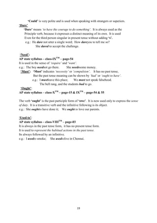 19
„Could‟ is very polite and is used when speaking with strangers or superiors.
„Dare‟
„Dare‟ means ‘to have the courage to do something’. It is always used as the
Principle verb, because it expresses a distinct meaning of its own. It is used
Even for the third person singular in present tense without adding „s‟.
e.g.: He dare not utter a single word; How dareyou to tell me so?
She dared to accept the challenge.
„Need‟:
AP state syllabus – class-IXTM
– page-54
It is used in the sense of ‘require’ and ‗want’.
e.g.: The boy neednot go there. She needssome money.
„Must‟: „Must‟ indicates ‘necessity’ or ‘compulsion’. It has no past tense,
But the past tense meaning can be shown by ‘had’ or ‘ought to have’.
e.g.: I mustleave this place; We must not speak falsehood.
The bell rang, and the students had to go.
„Ought‟:
AP state syllabus – class-XTM
– page-15 & IXTM
– page-54 & 55
The verb „ought‟ is the past participle form of „owe‟. It is now used only to express the sense
of duty. It is a transitive verb and the infinitive following is its object.
e.g.: She oughtto have done it; We ought to love our parents.
„Used to‟:
AP state syllabus – class-VIIITM
– page-03
It is always in the past tense form, it has no present tense form.
It is used to represent the habitual actions in the past tense.
Its always followed by an infinitive.
e.g.: I usedto smoke; She usedtolive in Chennai.
 